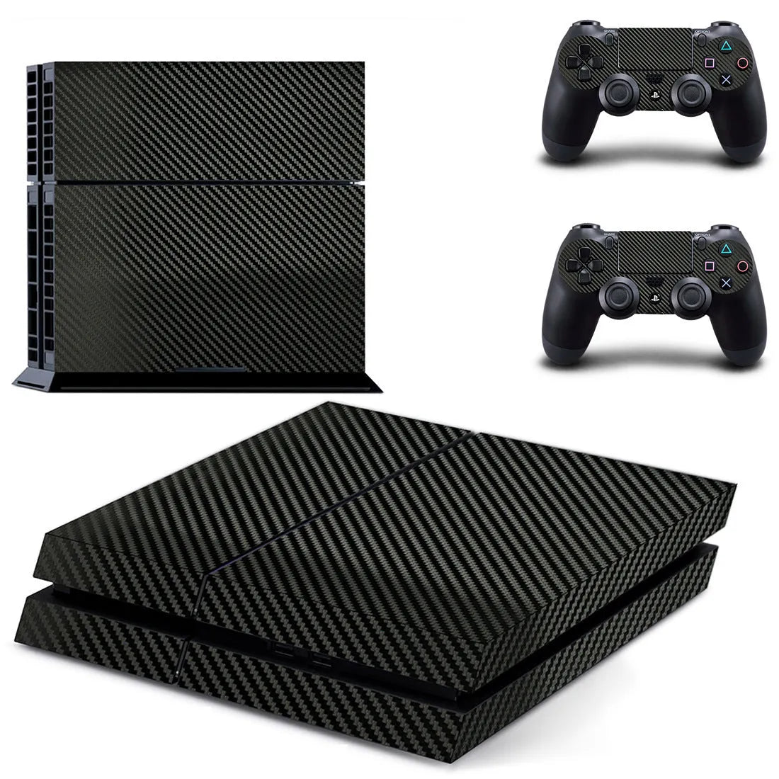 Carbon fibre pattern vinyl skin sticker for Sony PS4 console and controller on a black background.