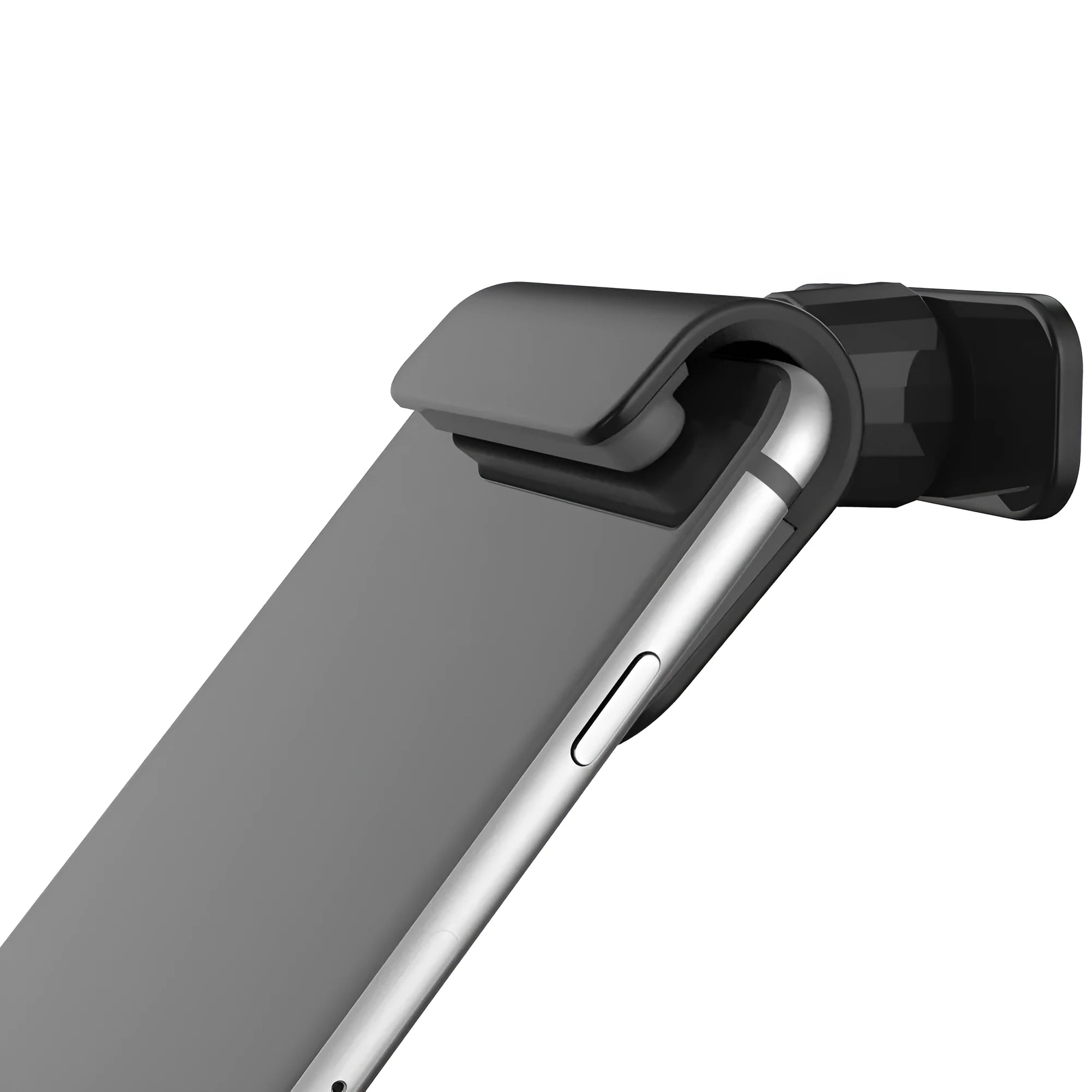 Black universal car phone holder with 360-degree rotating head mounted on a car air vent, holding a mobile phone.