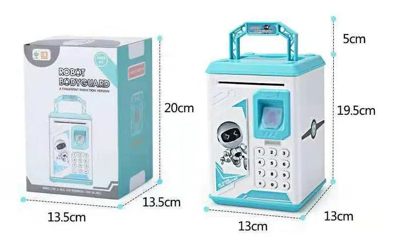 Electronic piggy bank in blue with fingerprint scanner and ATM-style front panel on white background