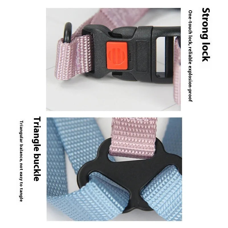 Nylon adjustable dog breast strap with hand holding rope in blue pink colour on white background