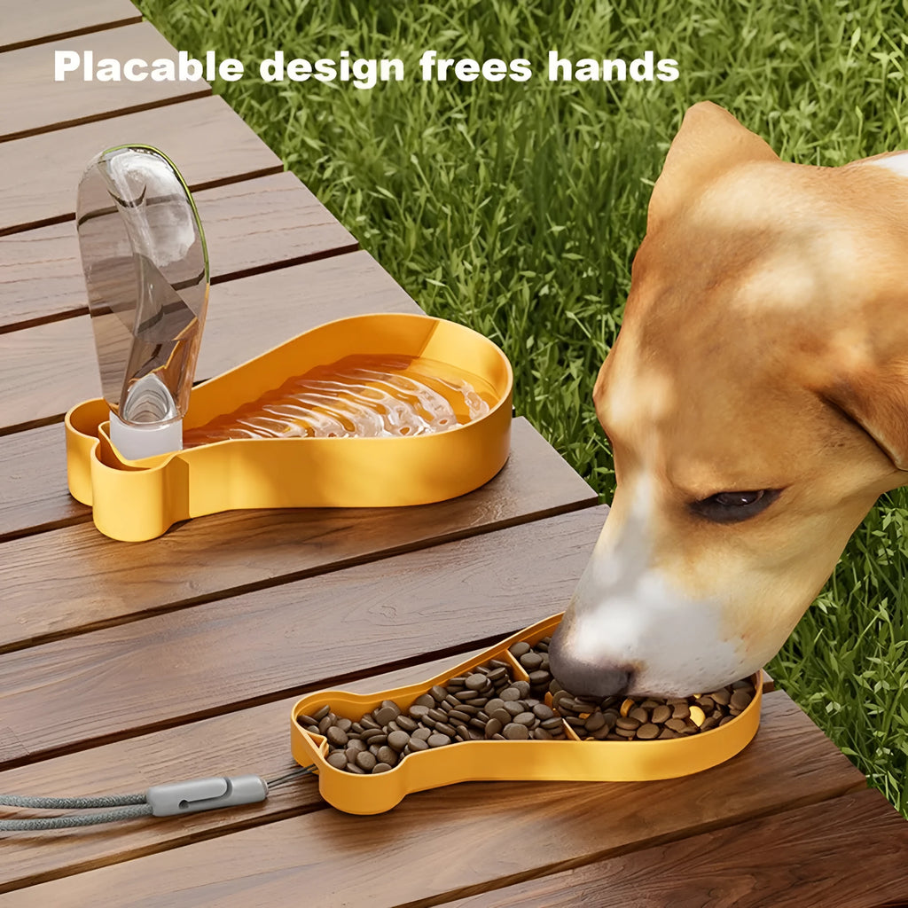 Orange and white portable pet water feeder bottle with attached food container for dogs and cats.