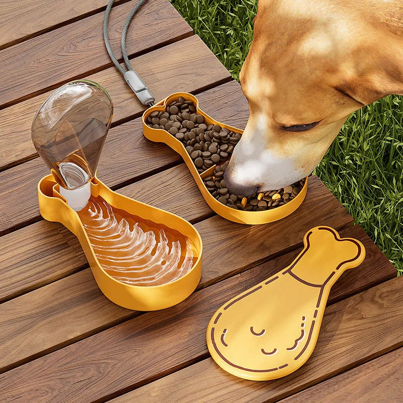 Orange and white portable pet water feeder bottle with attached food container for dogs and cats.