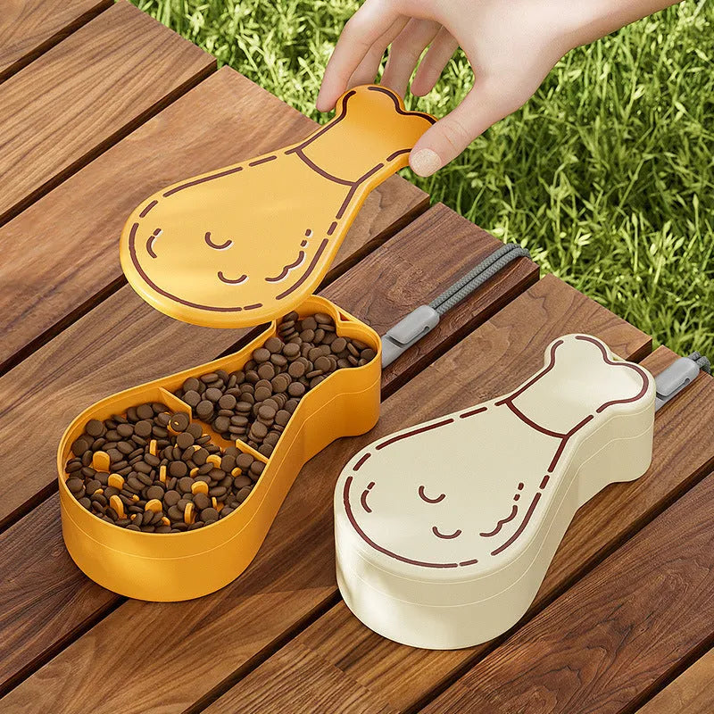 Orange and white portable pet water feeder bottle with attached food container for dogs and cats.