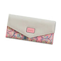 Women's three-fold leather wallet with buckle closure showing melon red colour option