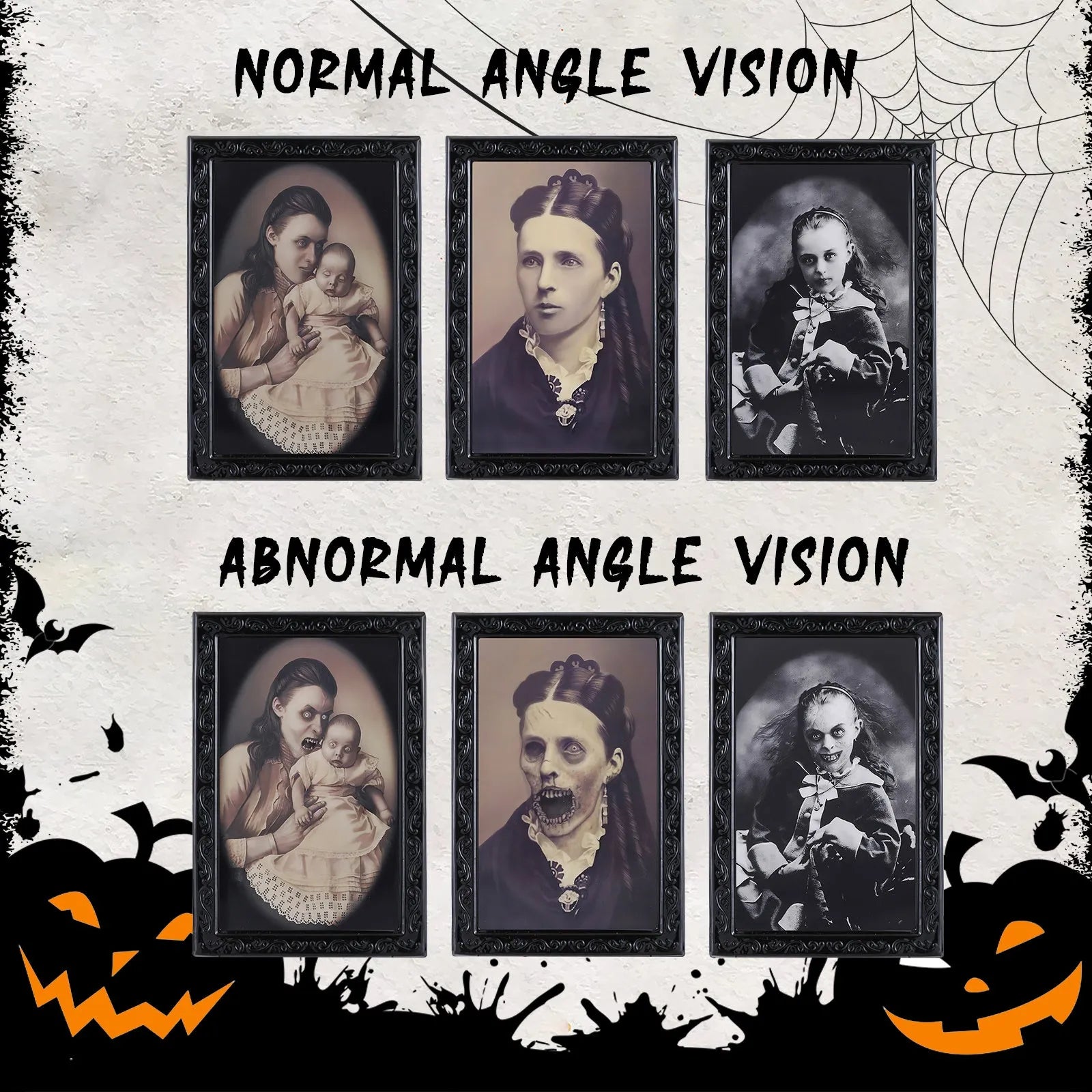 3D changing face Halloween pendant with retro black frame and hidden ghostly figure