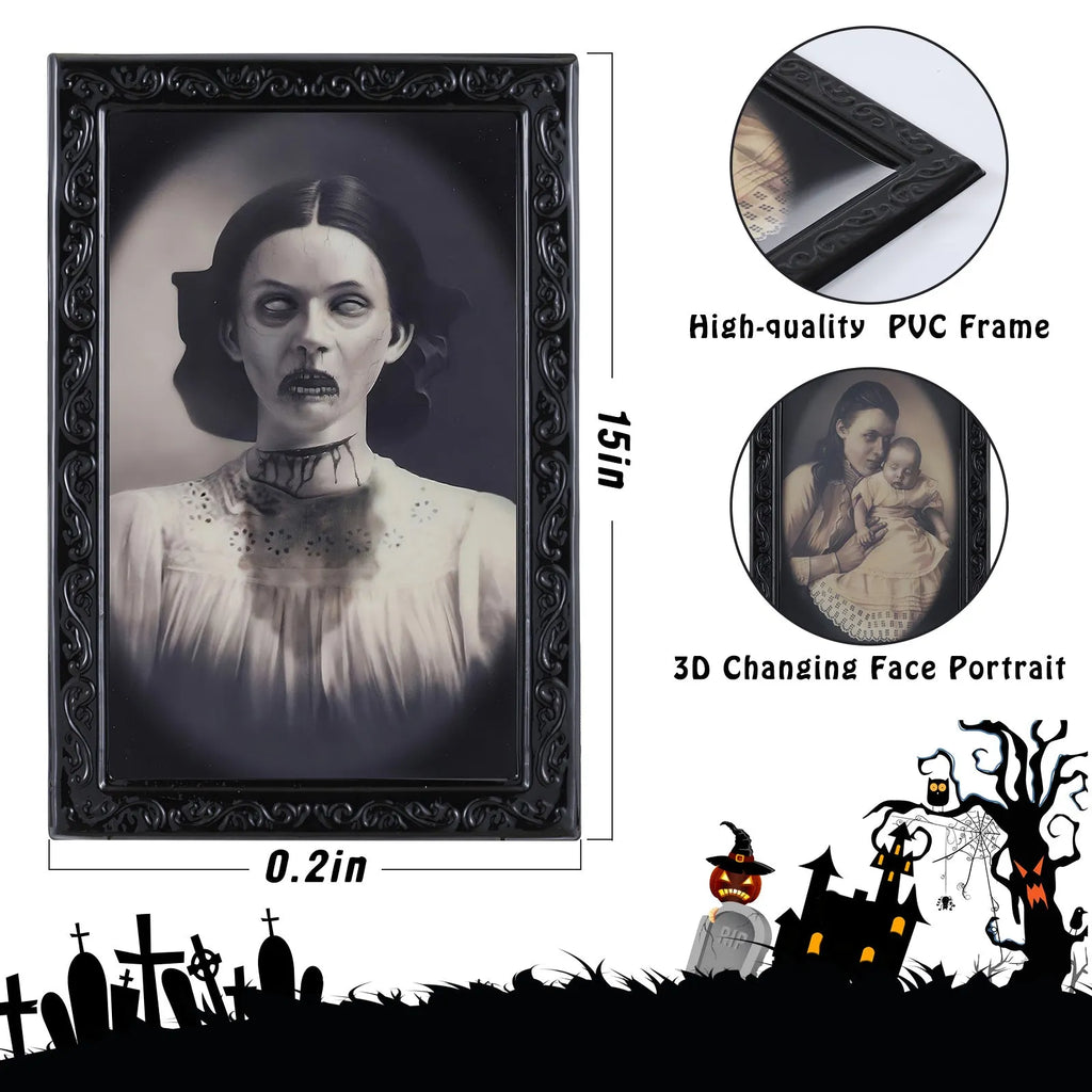 3D changing face Halloween pendant with retro black frame and hidden ghostly figure