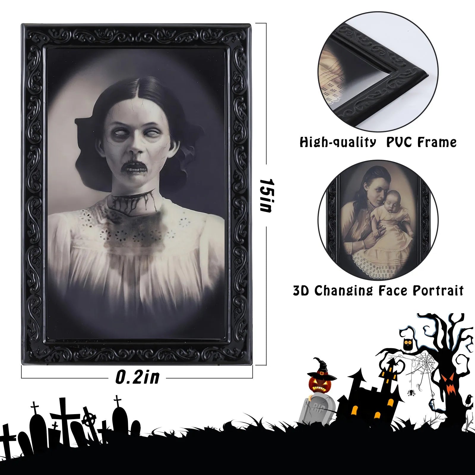 3D changing face Halloween pendant with retro black frame and hidden ghostly figure