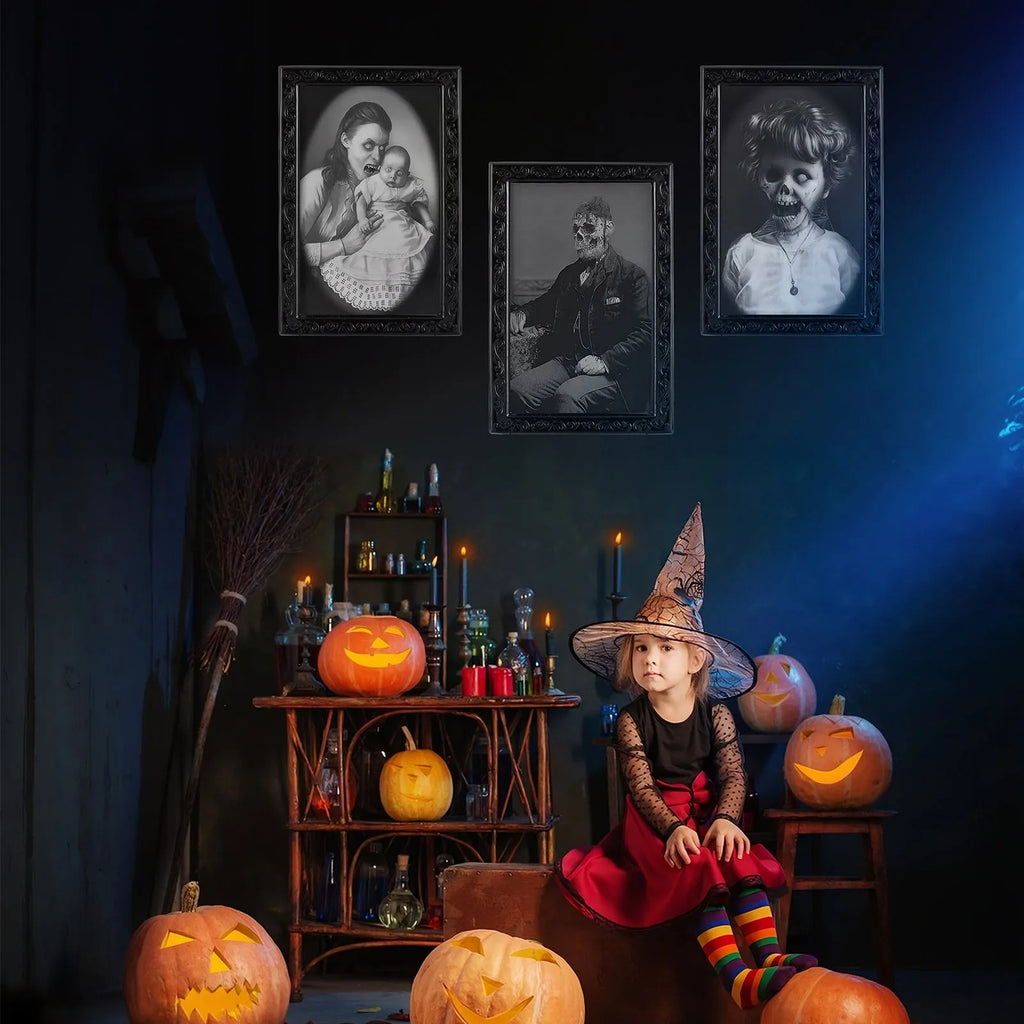 3D changing face Halloween pendant with retro black frame and hidden ghostly figure
