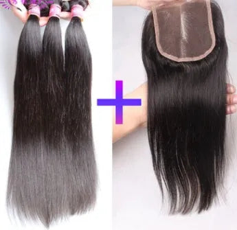 Straight human hair curtain hair weft with closure wig accessory in multiple sizes for natural hair look