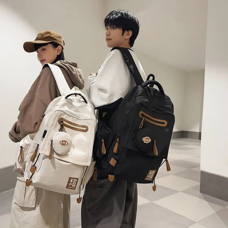 Large-capacity nylon backpack for middle school students in street trend style with curved shoulder straps