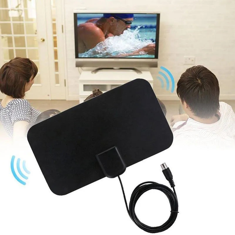 Black digital HD indoor TV antenna, 210 x 120 x 0.8 mm plate, 3 m coaxial cable, F-head connector, 1080p