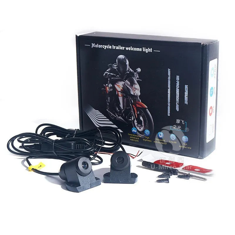 Motorcycle chassis ambience light in aviation aluminium alloy housing with blue LED glow, mounted on bike underside