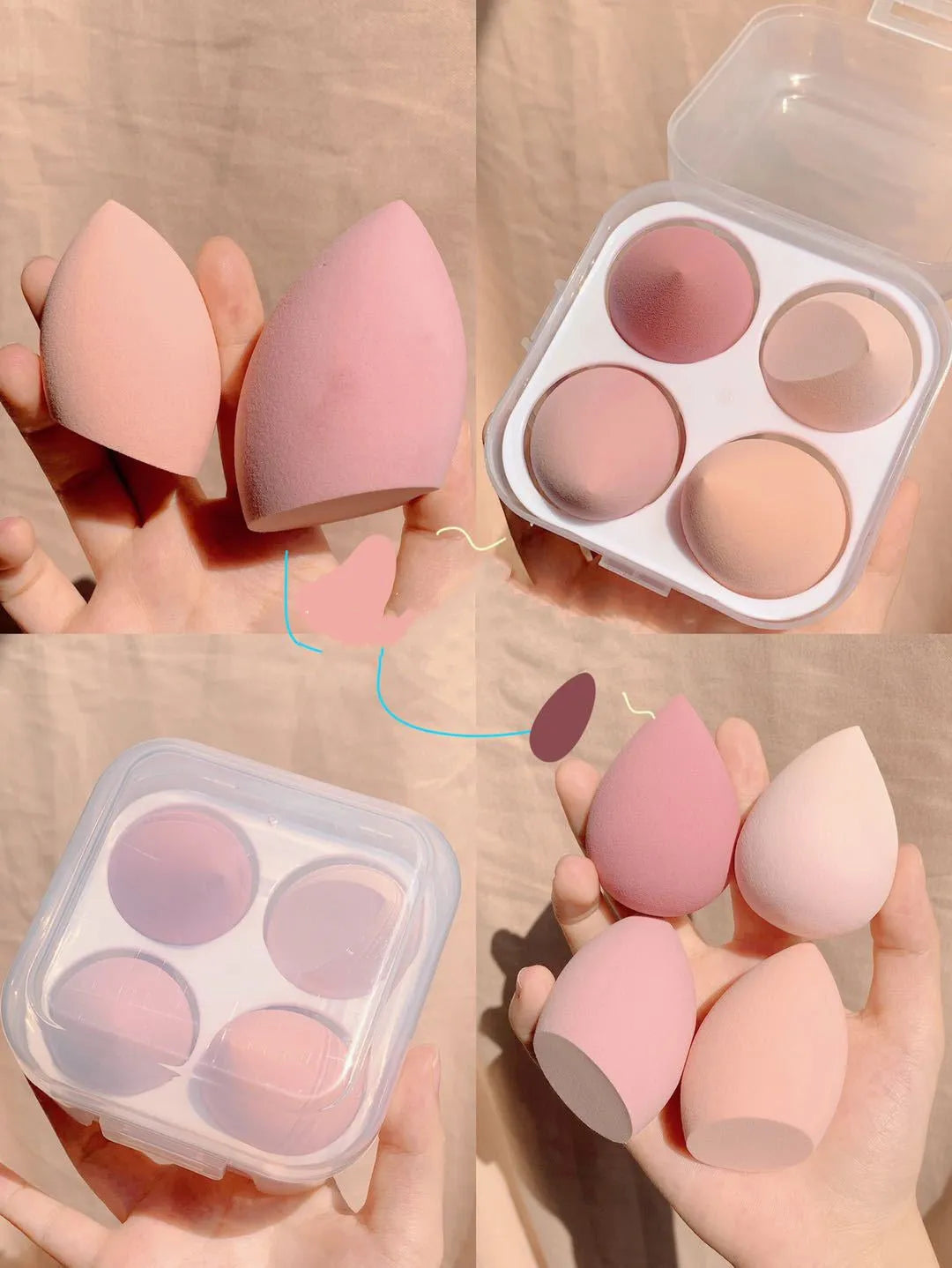 Four coloured synthetic makeup sponge eggs in grape, mango, mint and peach peach