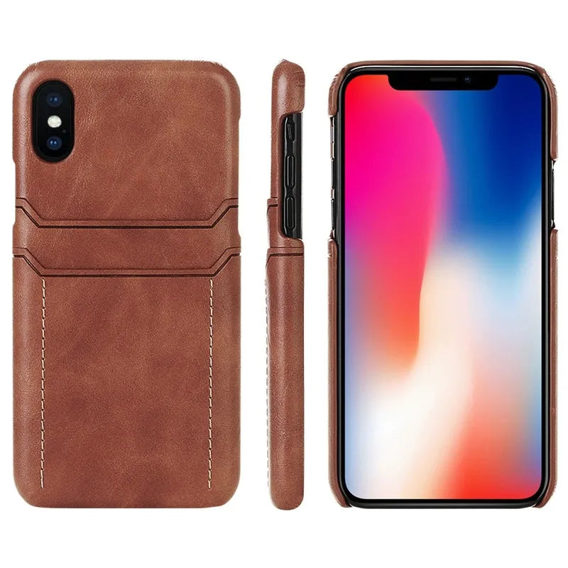 PU leather iPhone back cover with card holster in Black, Dark wood and Light brown