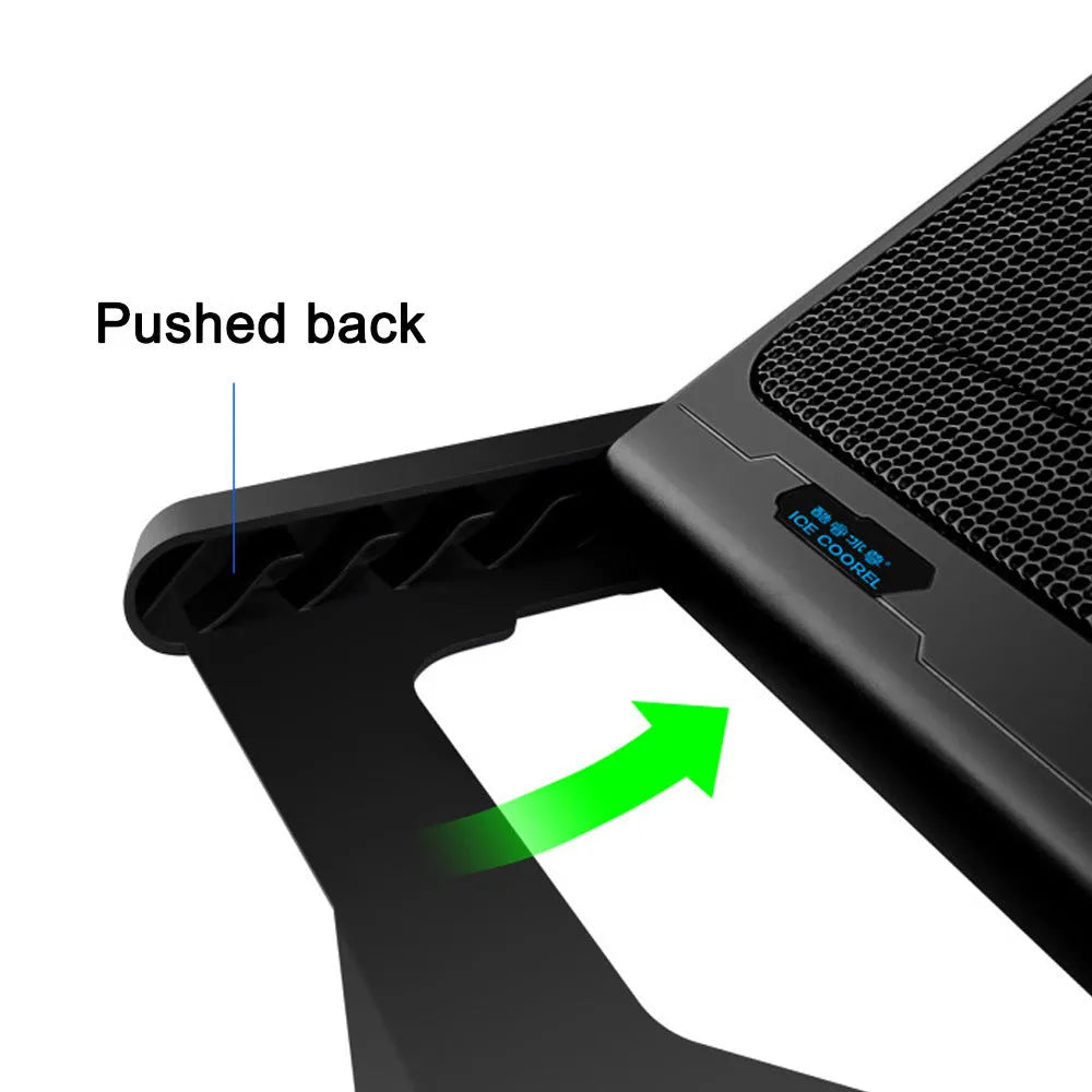 Black metal mesh laptop cooling board with LCD display and six speed controls for notebooks