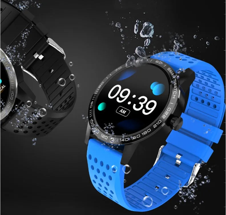 Black and blue smart bracelet with a 1.3-inch colour screen displaying heart rate and step data.