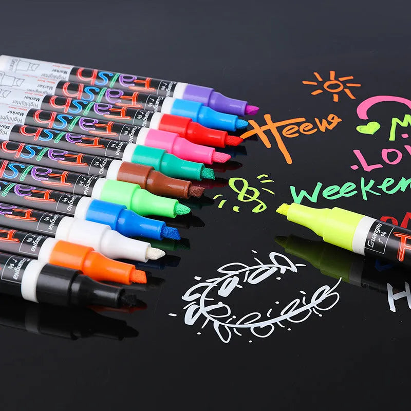 Oblique-shaped electronic fluorescent plate highlighter pen with plastic shell and 6mm tip, shown with multi-colour refills.