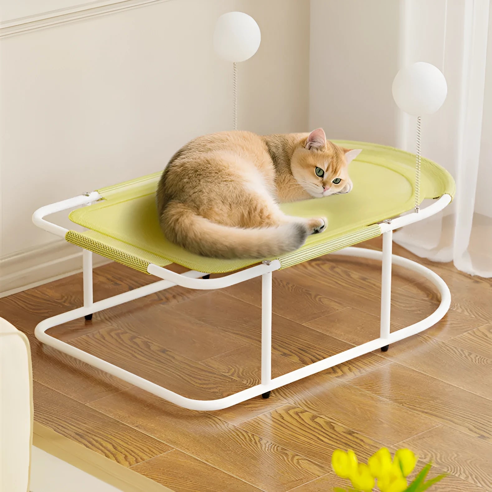 Grey fabric cat kennel with open sides and a round, removable floor pad on a carpet.