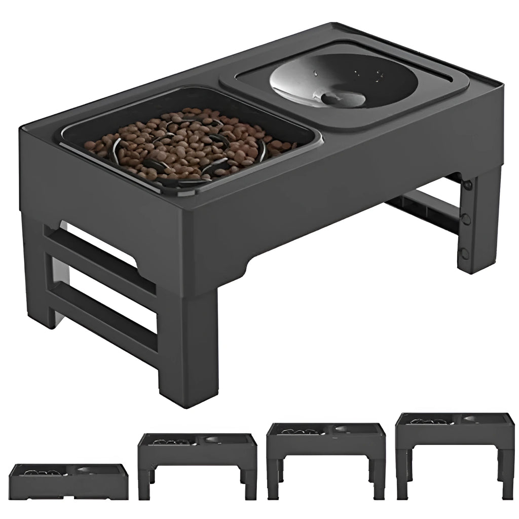 Adjustable raised dog feeder with stainless steel bowl and grey slow feeder bowl on a foldable stand.