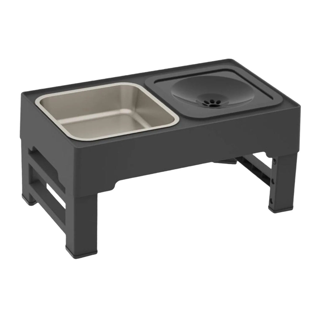 Adjustable raised dog feeder with stainless steel bowl and grey slow feeder bowl on a foldable stand.