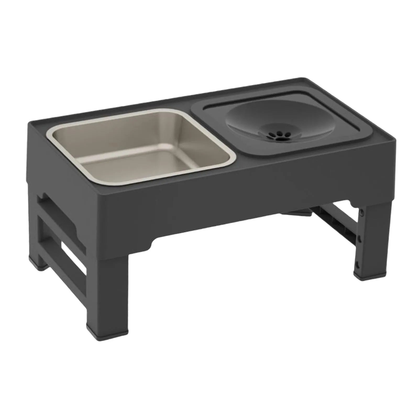 Adjustable raised dog feeder with stainless steel bowl and grey slow feeder bowl on a foldable stand.