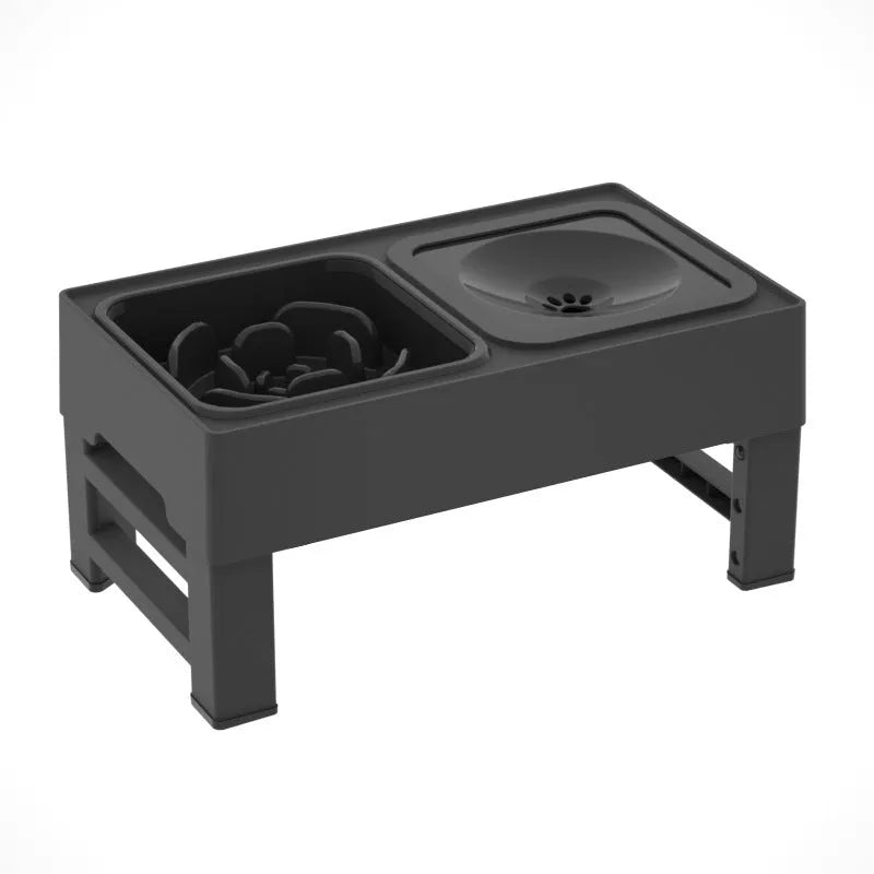 Adjustable raised dog feeder with stainless steel bowl and grey slow feeder bowl on a foldable stand.