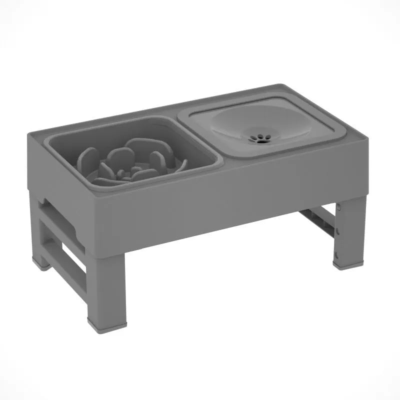 Adjustable raised dog feeder with stainless steel bowl and grey slow feeder bowl on a foldable stand.