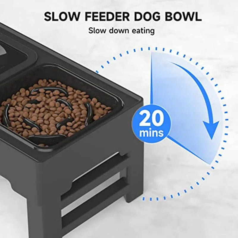 Adjustable raised dog feeder with stainless steel bowl and grey slow feeder bowl on a foldable stand.