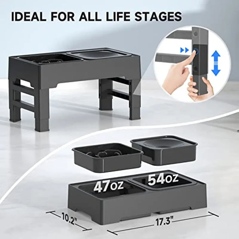 Adjustable raised dog feeder with stainless steel bowl and grey slow feeder bowl on a foldable stand.