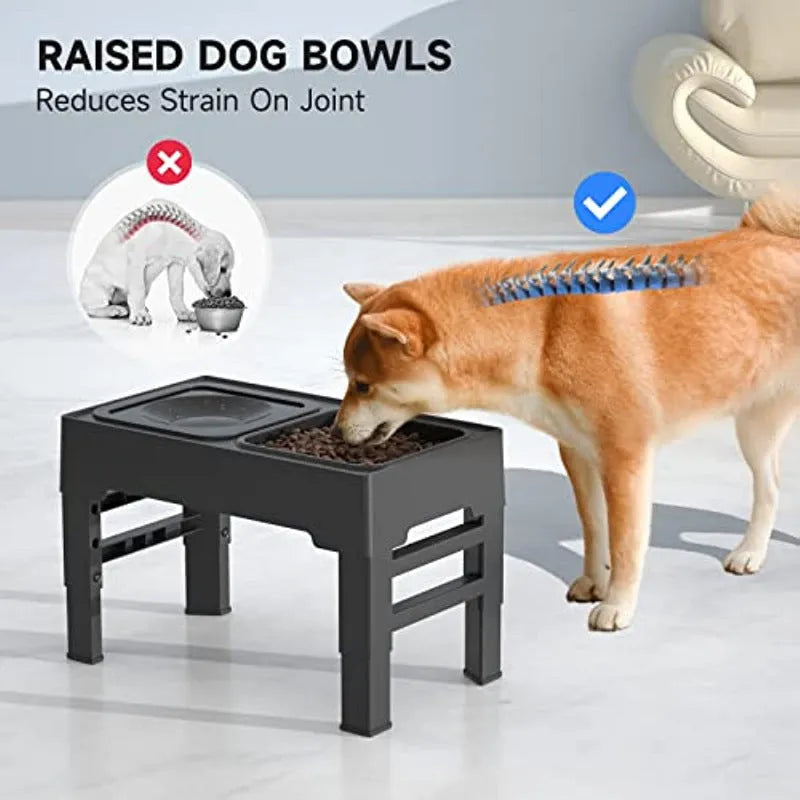 Adjustable raised dog feeder with stainless steel bowl and grey slow feeder bowl on a foldable stand.