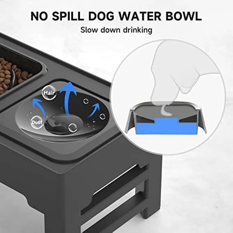Adjustable raised dog feeder with stainless steel bowl and grey slow feeder bowl on a foldable stand.