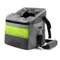 Grey hard Oxford pet bag bicycle basket with D buckles and geometric pattern attached to a bicycle basket