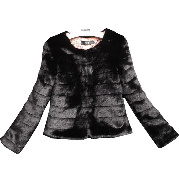 Women's short-length faux fur top in beige, shown on a model.
