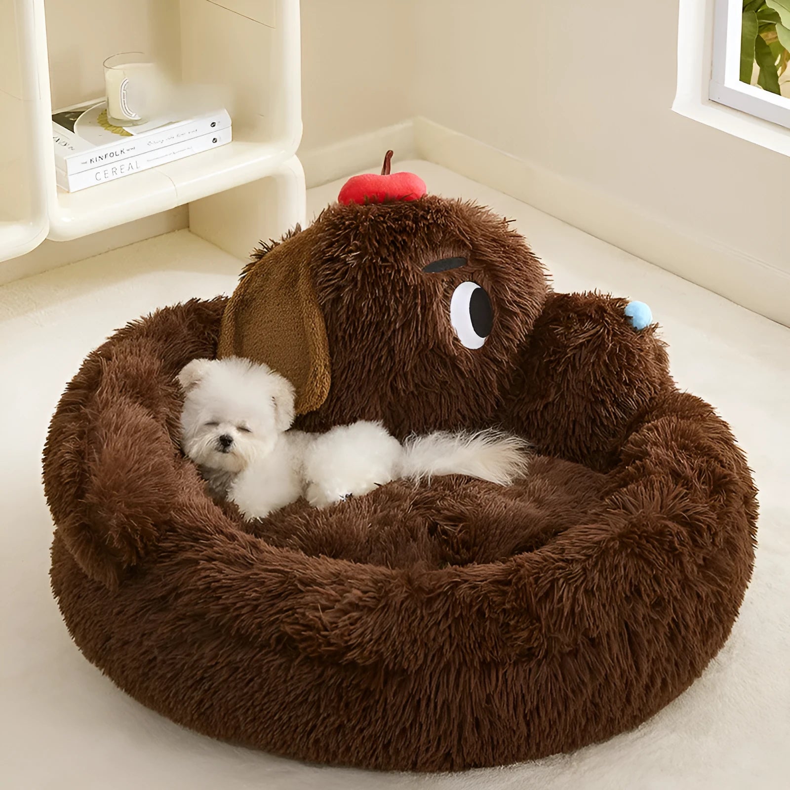 Plush sofa bed for small dogs and cats, shown in medium and large sizes.
