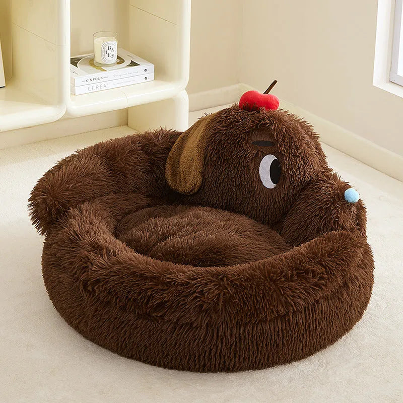 Plush sofa bed for small dogs and cats, shown in medium and large sizes.