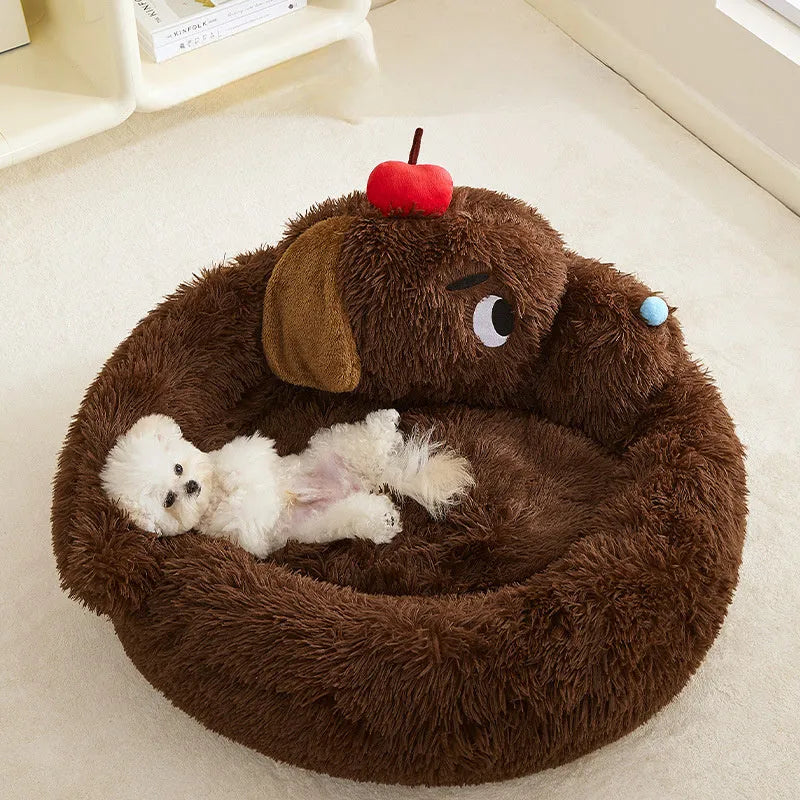 Plush sofa bed for small dogs and cats, shown in medium and large sizes.