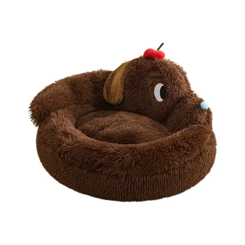 Plush sofa bed for small dogs and cats, shown in medium and large sizes.