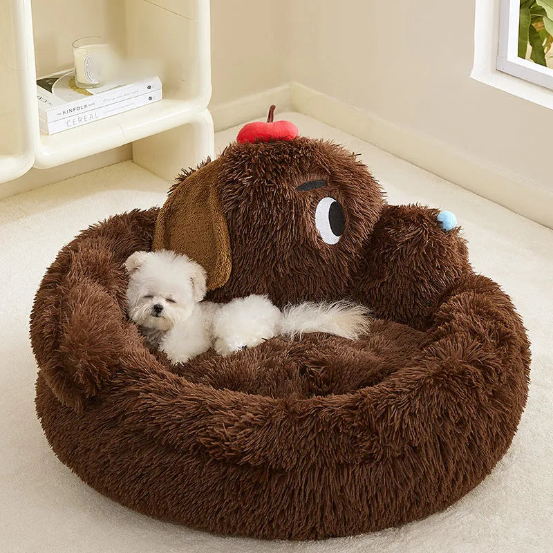 Plush sofa bed for small dogs and cats, shown in medium and large sizes.