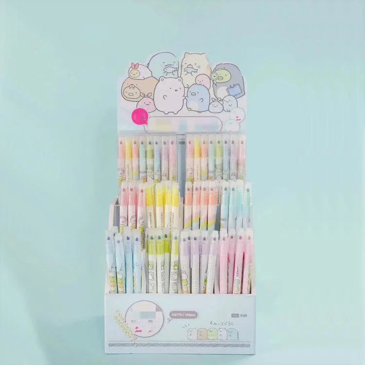 Erasable highlighter pen, plastic body, 16cm length, assorted colours on white background