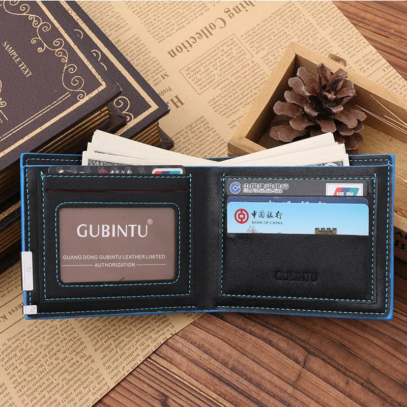 Mens black PU leather wallet with blue edge, open showing card slots and bill compartments