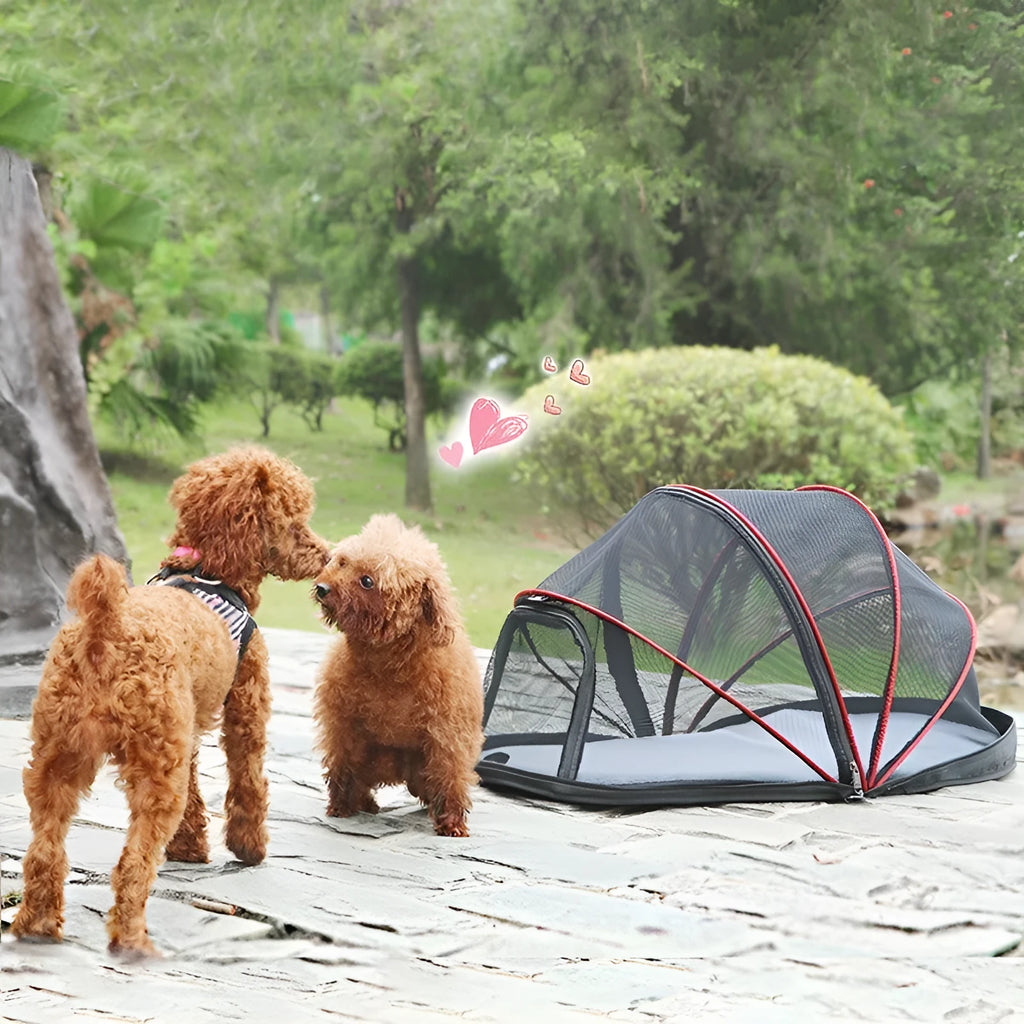 Folding pet tent for cats with half-mesh side panels, shown in blue colour