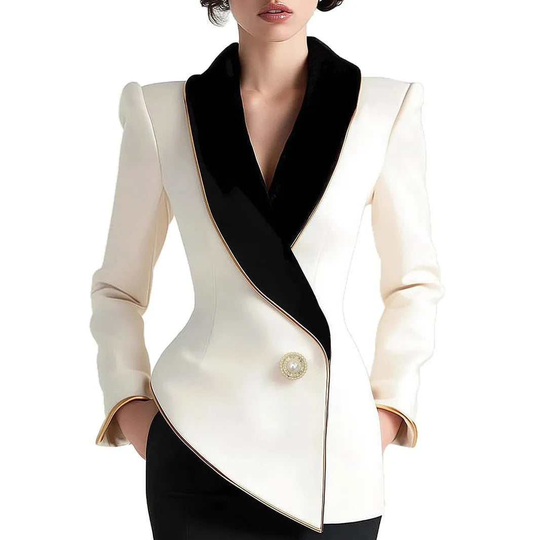 Women's beige long sleeve coat with golden pearl buttons and irregular hemline