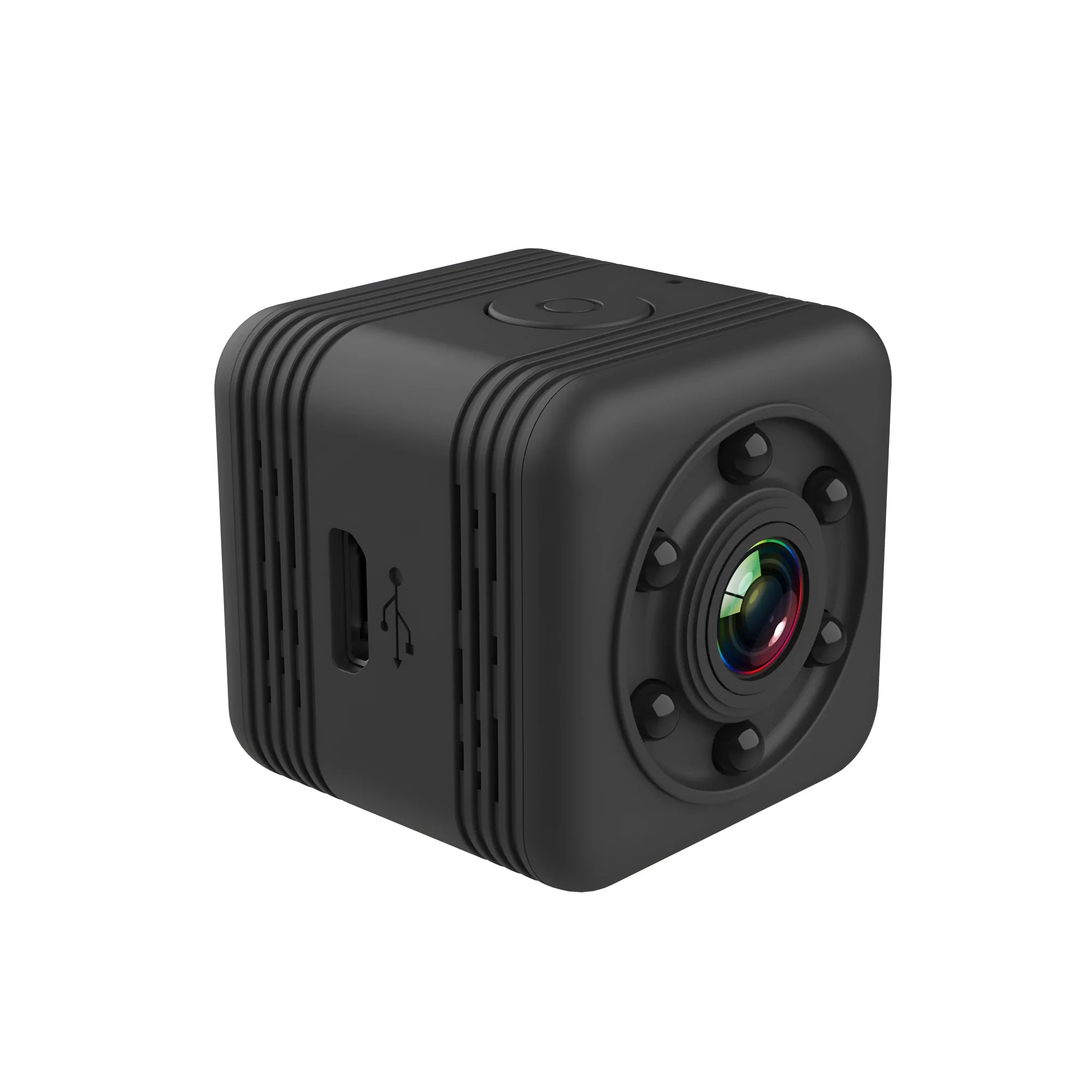 Black waterproof sports camera with MicroUSB port, shown with a 32GB memory card.