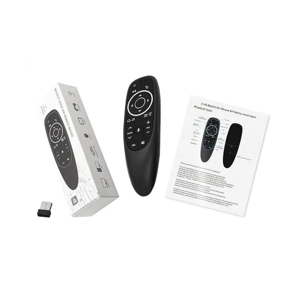 G10 G10S series black wireless remote control with silicone buttons for Android and PC.