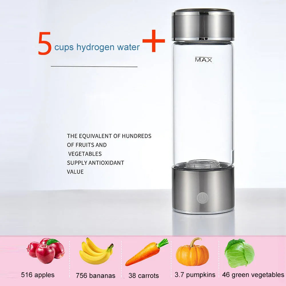 Silver hydrogen water cup with PC body, 420ml capacity, USB charging port, and titanium electrode
