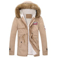 Men's thick padded winter parka with long fur collar in army green, fleece lined hooded cotton coat