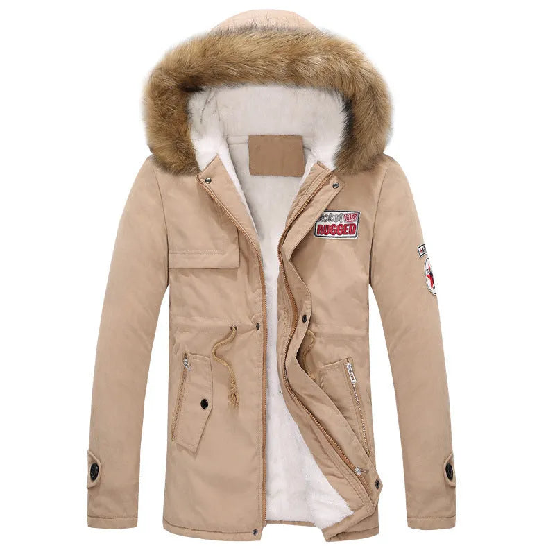 Men's thick padded winter parka with long fur collar in army green, fleece lined hooded cotton coat