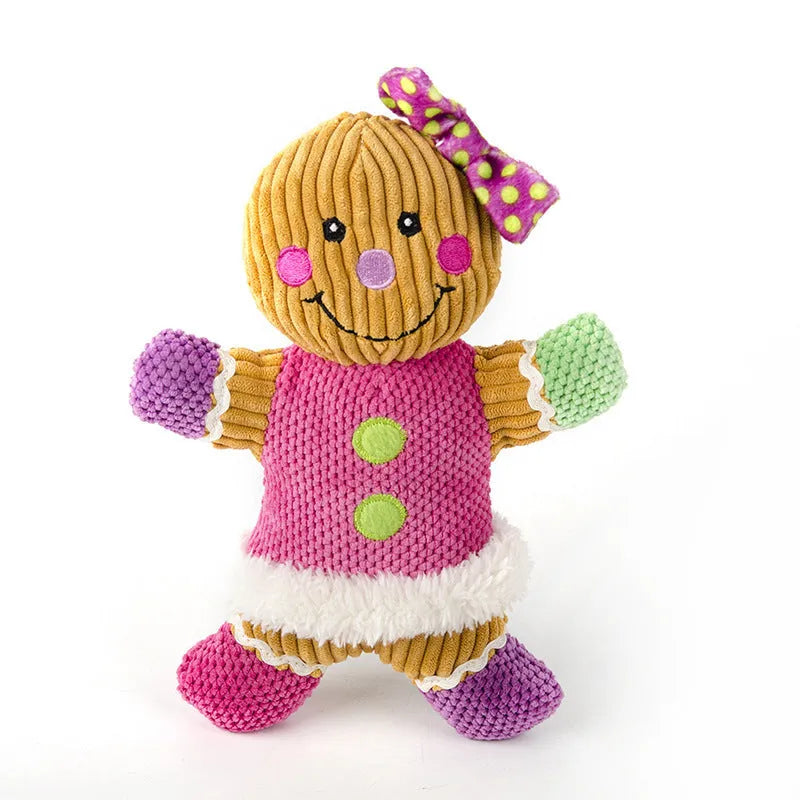 Pet big gingerbread man Christmas toy plush squeaky in blue on white background