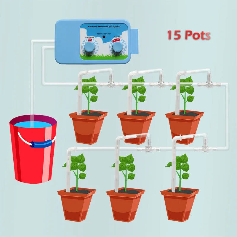 Blue plastic drip irrigation controller with smart timing for garden watering