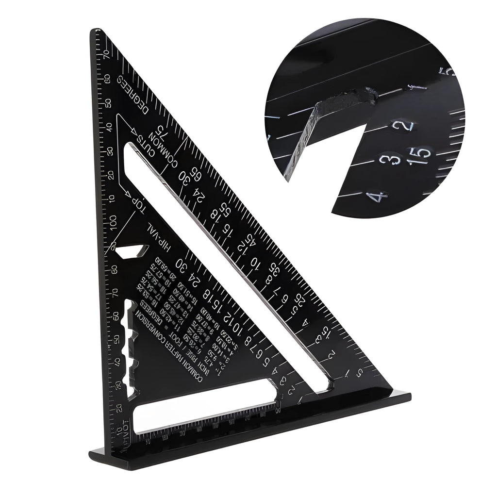 Black aluminium alloy triangle square ruler showing 90-degree and 45-degree angles with metric graduations